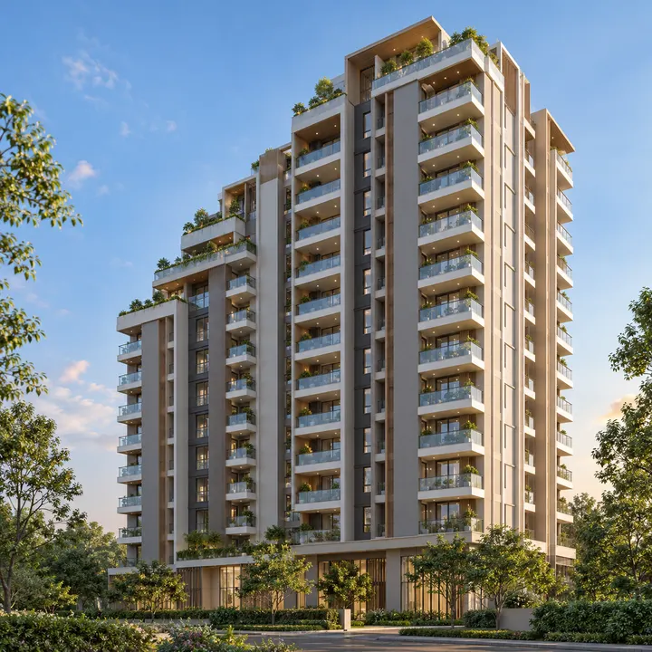Aparna Shettigere residential block with balconies seen from the street, artist's impression