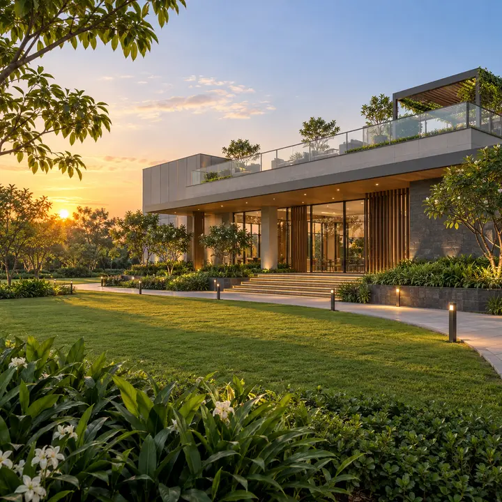 Aparna Shettigere low club house exterior beside landscaped space, artist's impression