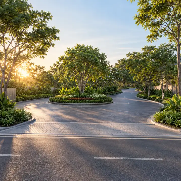 Aparna Shettigere entrance from the east road with a round island, artist's impression