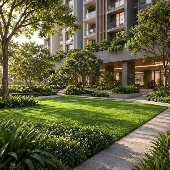Aparna Shettigere lawns, paths and trees at ground and podium level, artist's impression