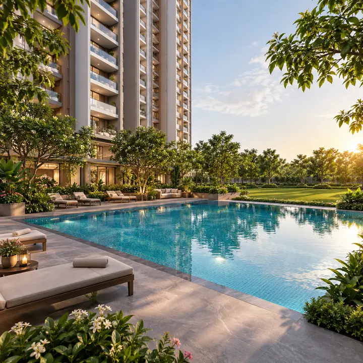 Aparna Shettigere swimming pool deck with seating and planting, artist's impression